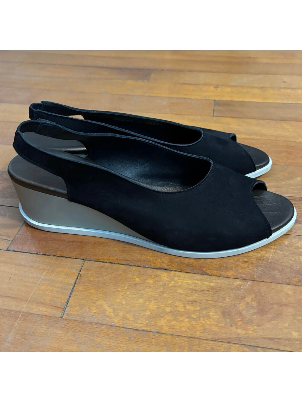 Arche Size 40 US 9 Slingbacks Shoes Peep Toe Black Leather Wedge Heel